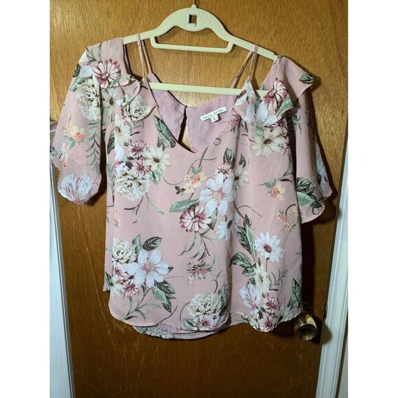 Haute Monde Blouse Business Casual Floral Boho Cottage Cold Shoulder Pink Large - Picture 7 of 10